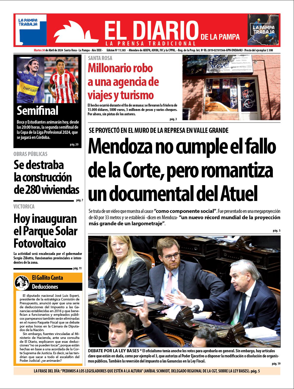 Tapa de El Diario en papel  martes 30 de abril de 2024